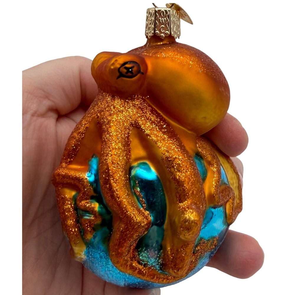 Old World Christmas Octopus Glass Ornament Orange Blue Glitter‎